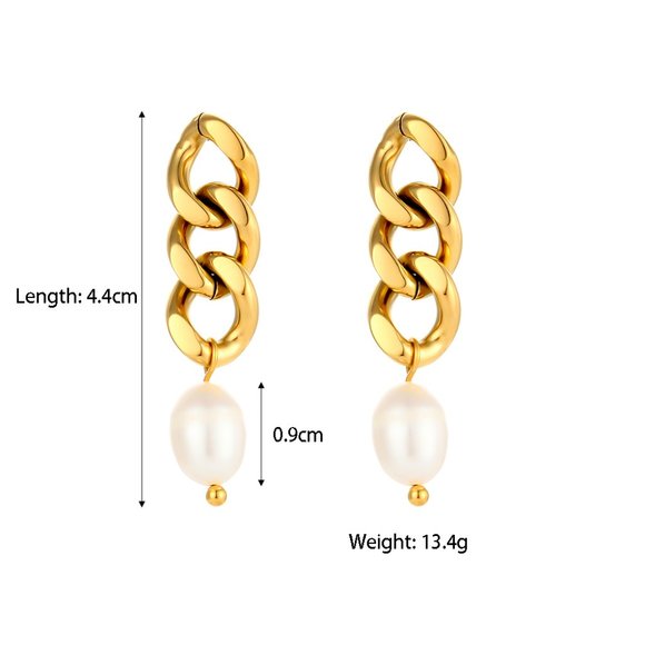 Fresh Water Pearl‎ Gold Chain Drop Earrings 18K Gold Plated Stainless Steel - Picture 13 of 13